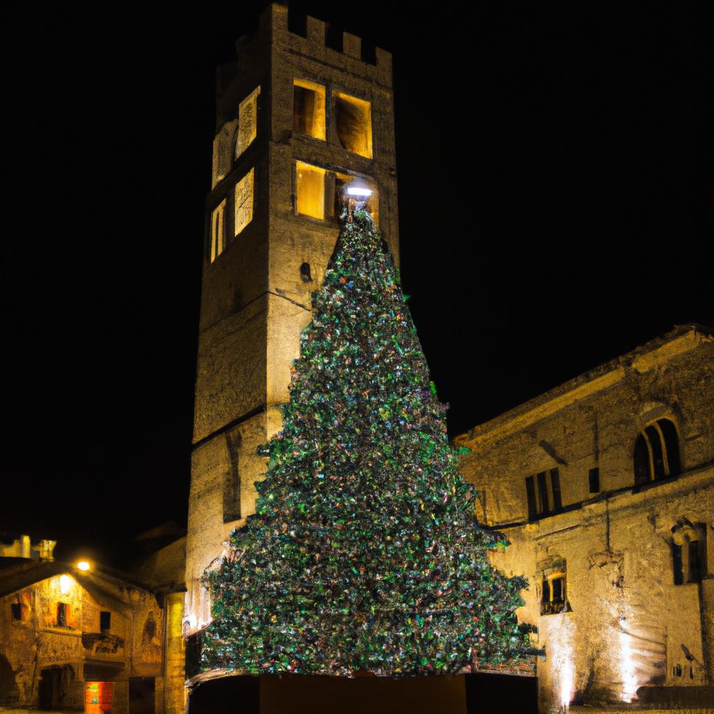 The Gubbio Christmas Tree is illuminated with thousands of twinkling lights after dark.