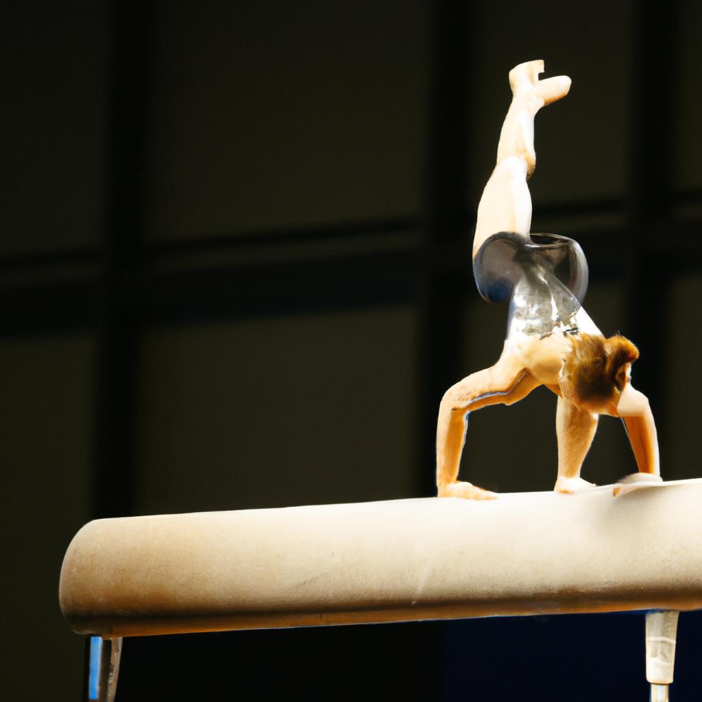 A gymnast demonstrating incredible strength and balance by performing a one-handed handstand on a balance beam