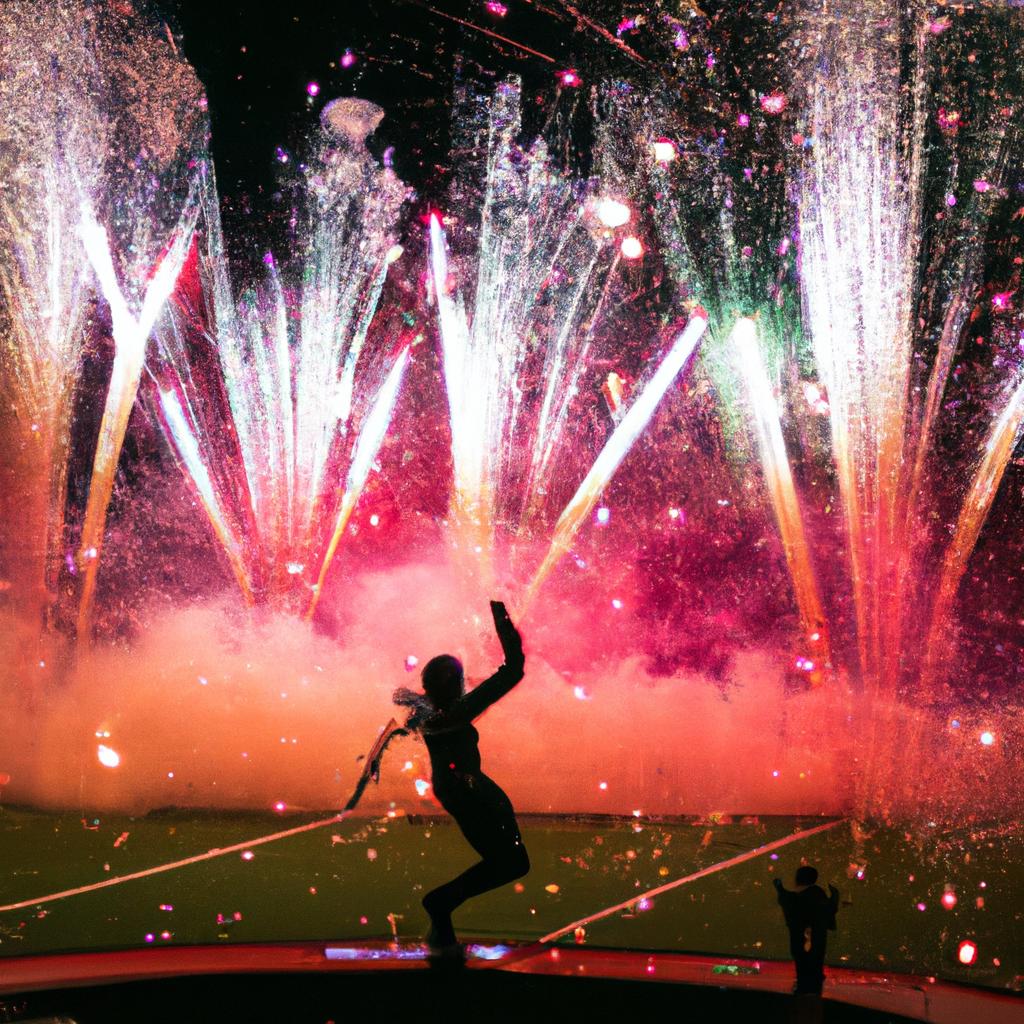 A halftime show performer surrounded by fireworks during a memorable Super Bowl performance