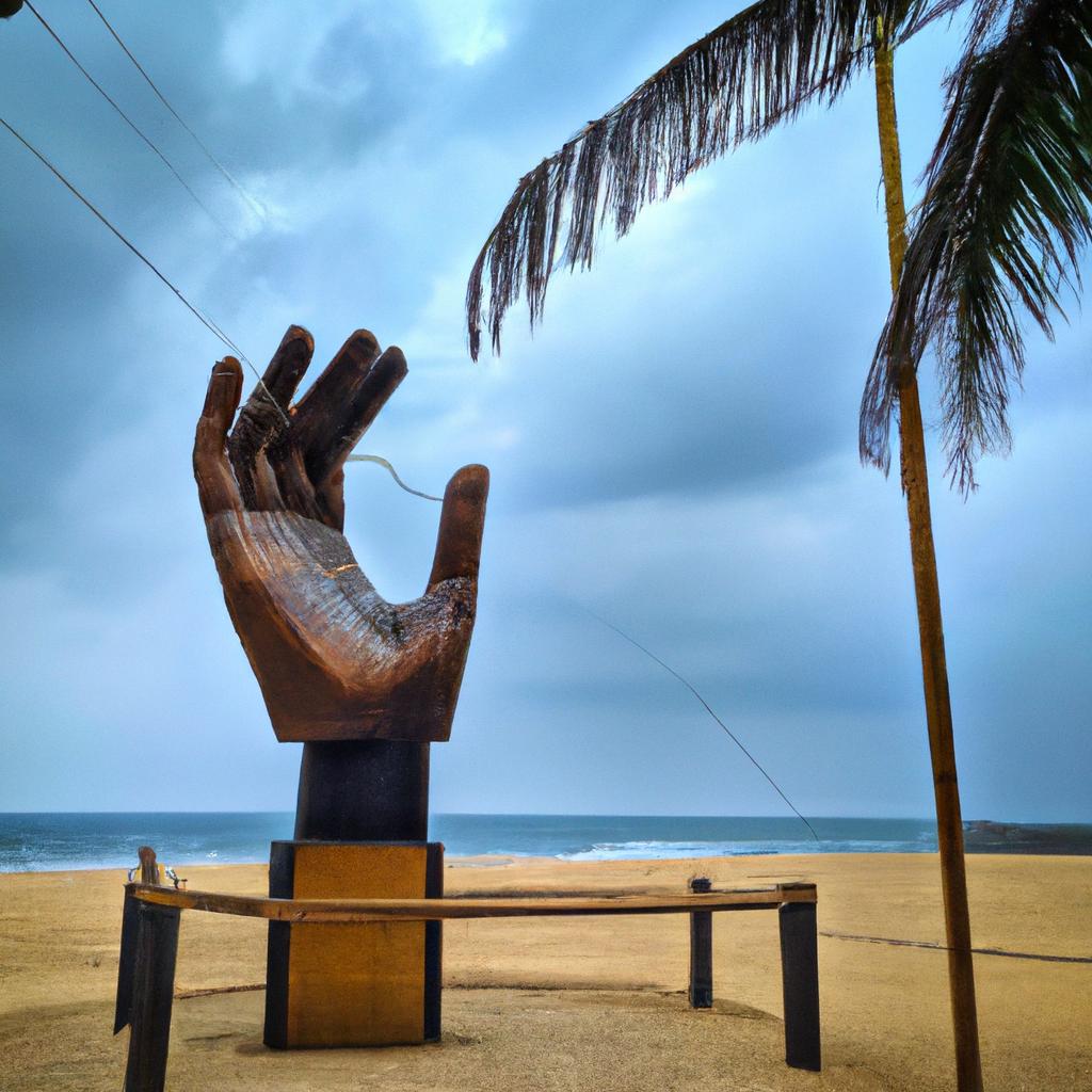 The hand statue located on this beach adds a unique touch to the scenery