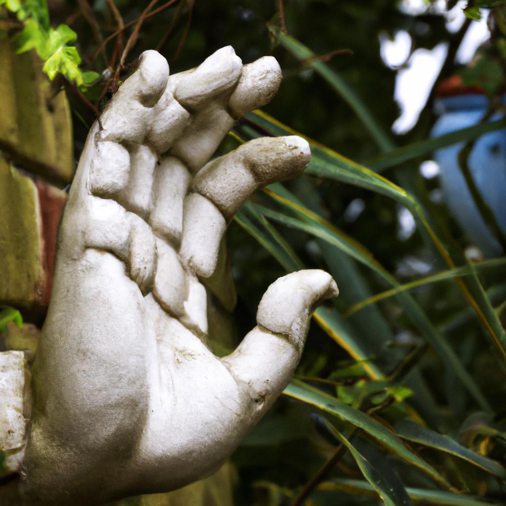 The hand statue in this serene garden location creates a peaceful ambiance