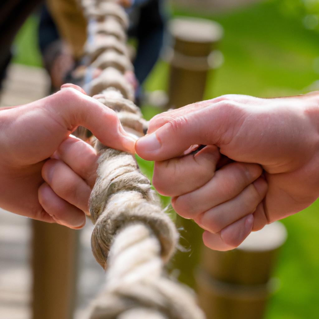 The intricate process of tying knots on a rope bridge requires precision and skill.