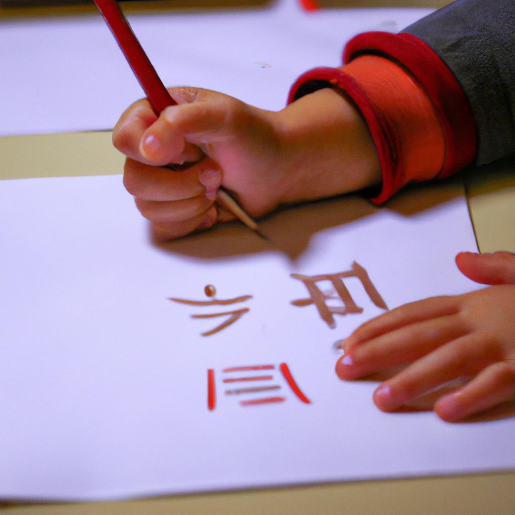A child learning the art of writing Chinese characters in a Harbin school.