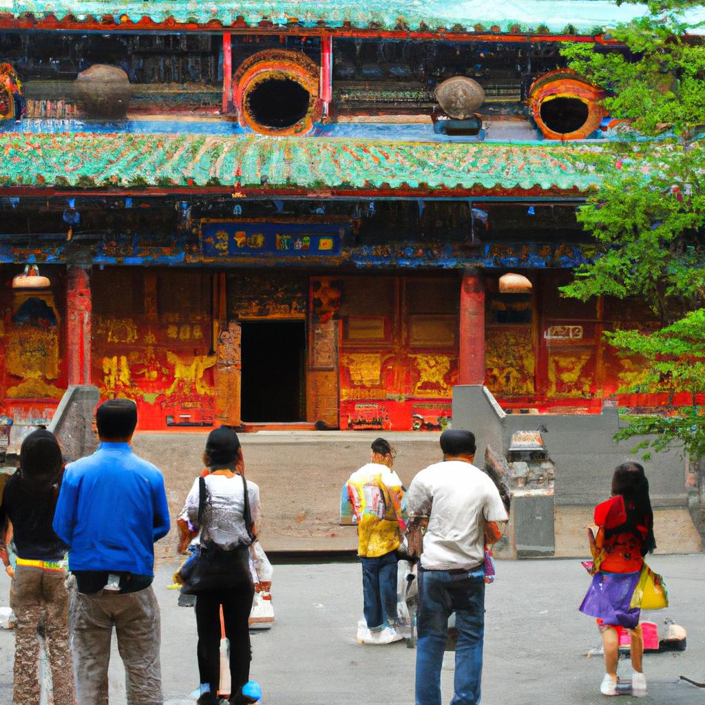Tourists exploring the beauty of a Chinese temple in Harbin.
