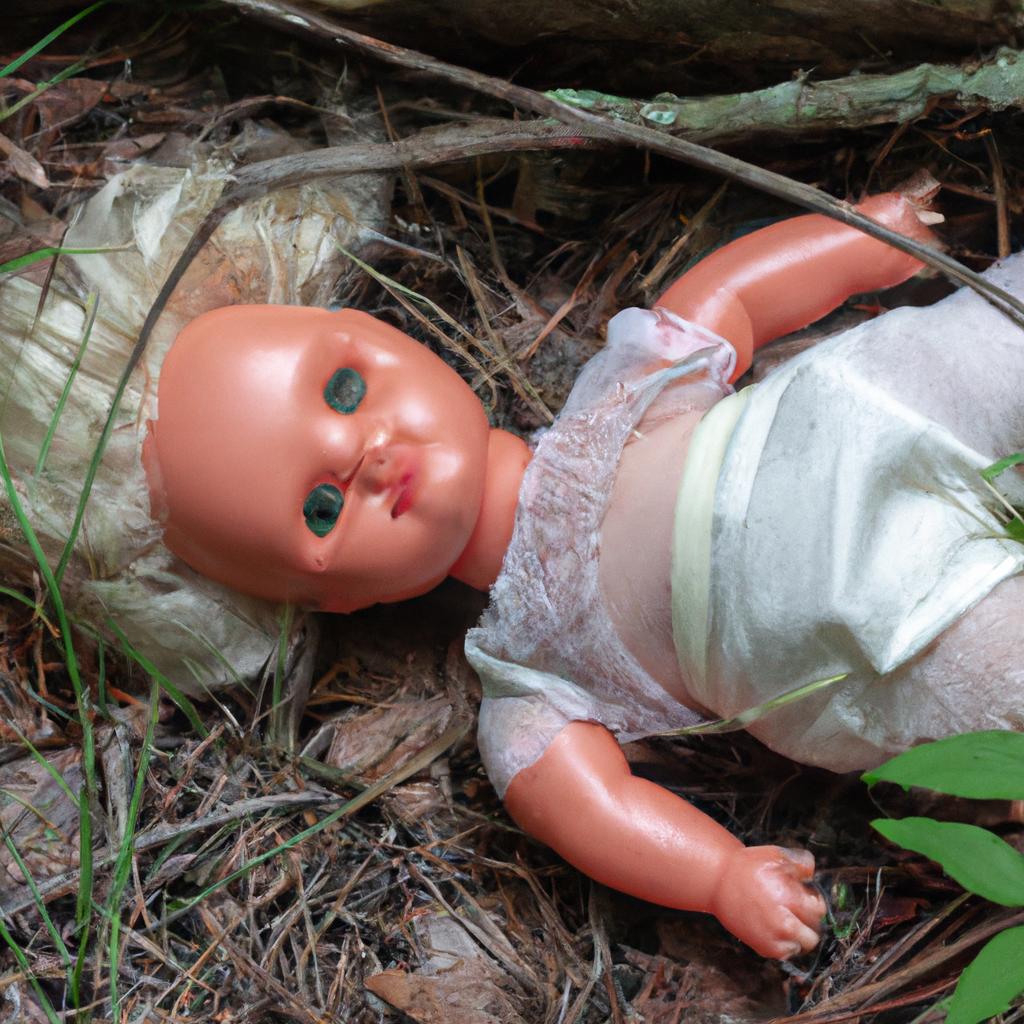 A haunting image of a discarded doll lying in the forest of dolls
