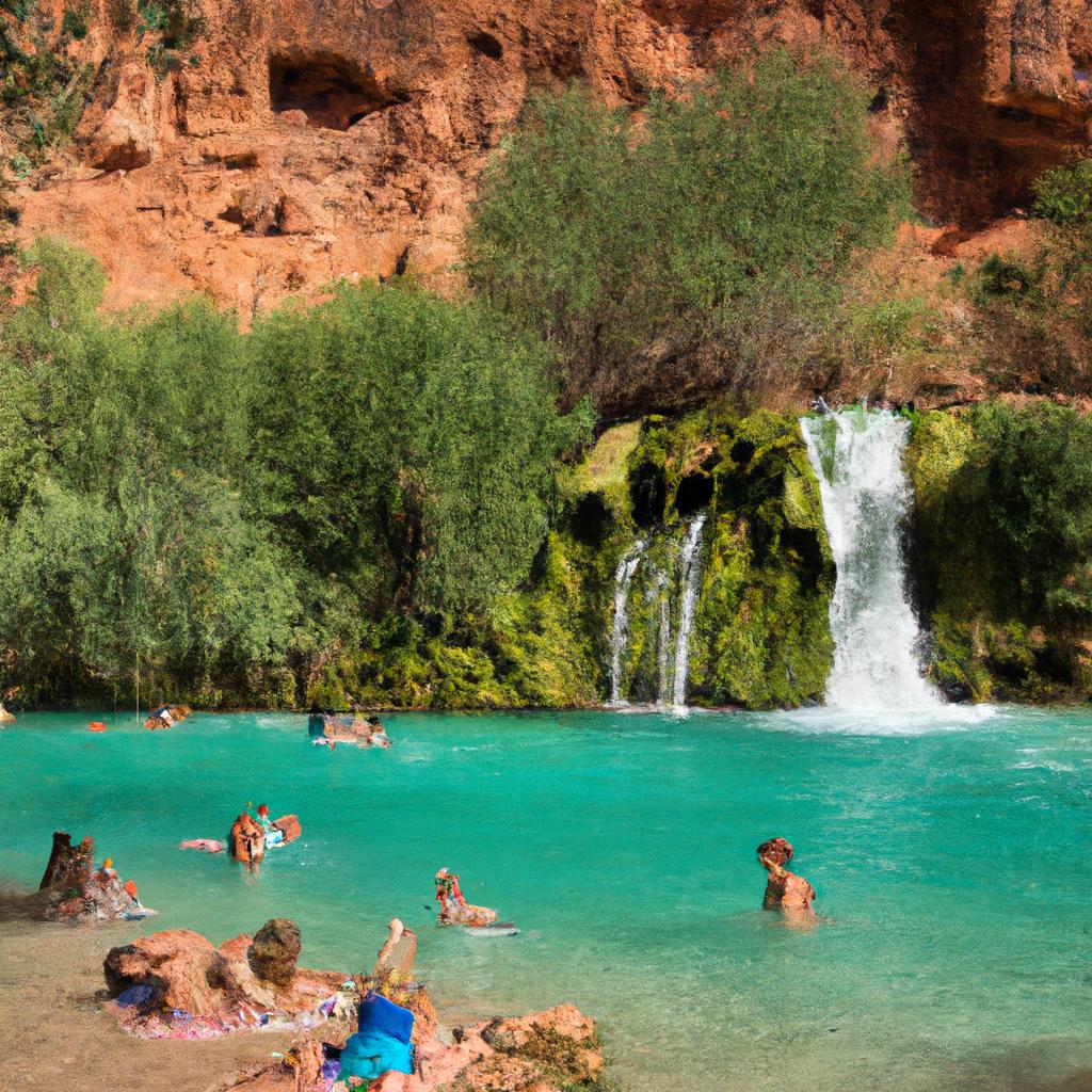 The crystal-clear turquoise pools of Havasupai Falls Reservation are perfect for swimming and other water activities.