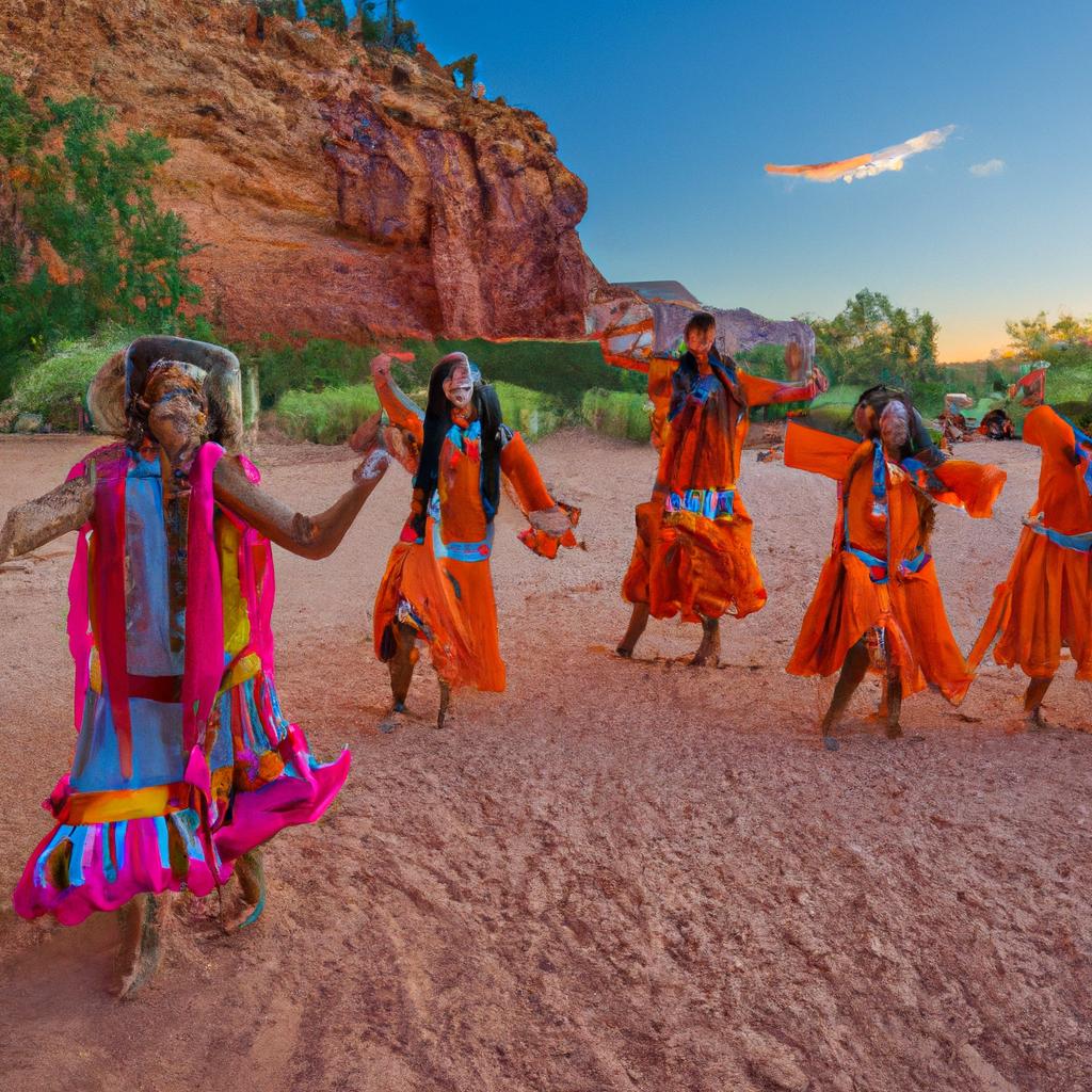 A group of Havasupai Indian Tribe members performing a dance