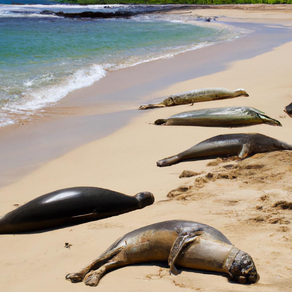 Hawaiian monk seals basking on the sandy beaches of Niihau Island, a critically endangered species endemic to Hawaii