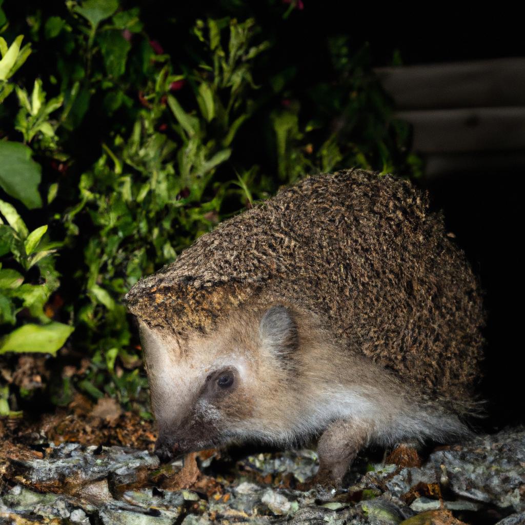 A nocturnal hedgehog exploring a garden under the moonlight