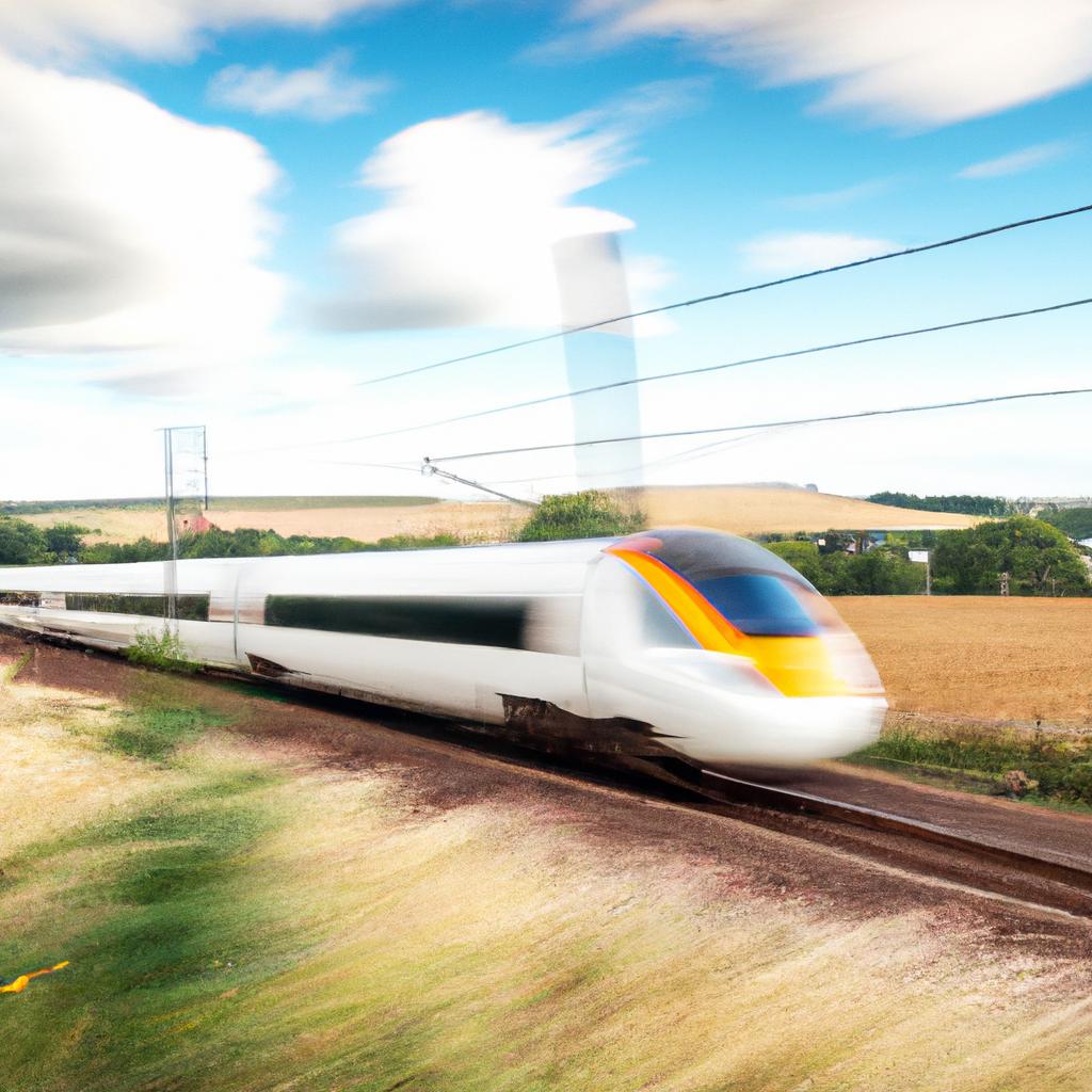 A high-speed train zips past picturesque countryside scenery