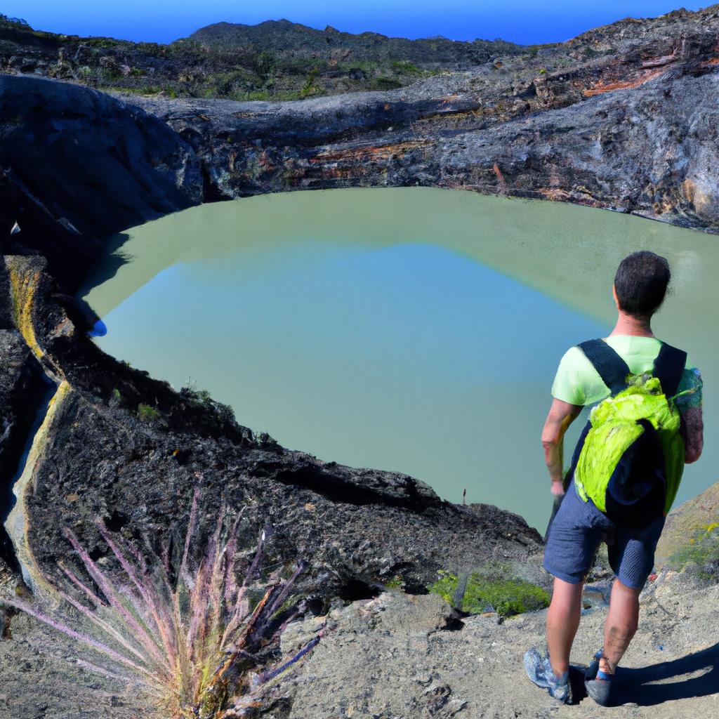 A hiker taking a moment to appreciate the beauty of a volcanic pool amidst a scenic landscape.