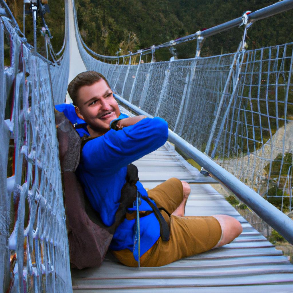 Hikers on the longest suspension bridge in Switzerland often stop to take a break and admire the stunning view of the surrounding mountains and valleys