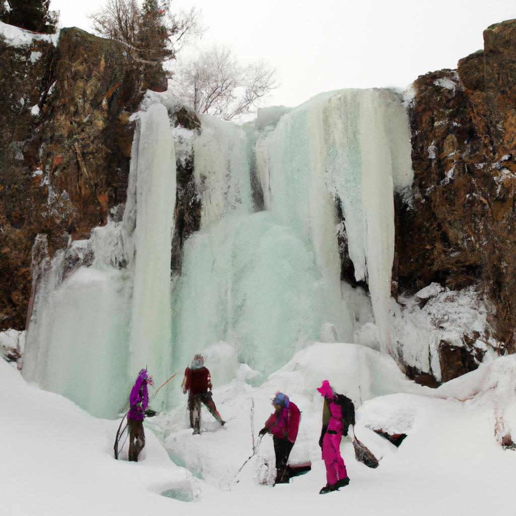 A group of hikers exploring the beautiful frozen waterfall in Minnesota on a clear winter day