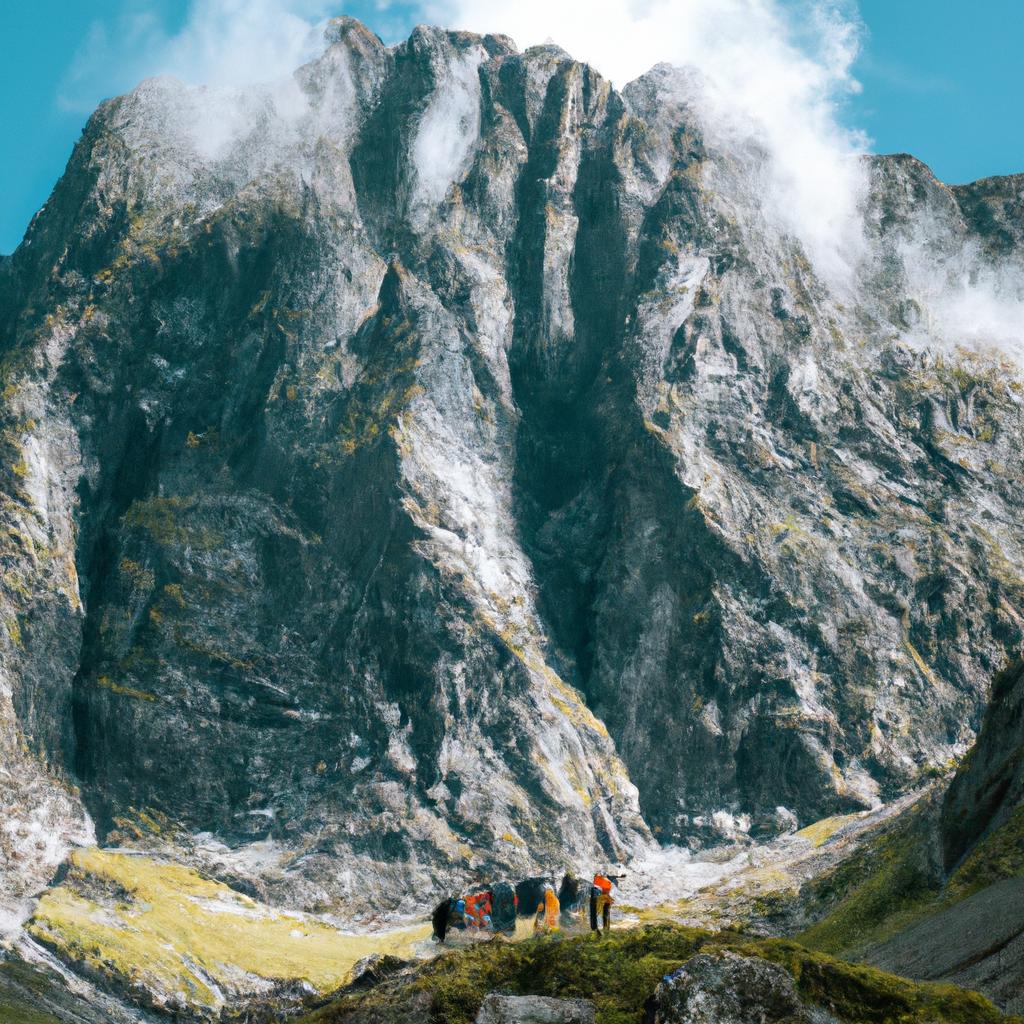 Hikers take a moment to admire the awe-inspiring mountain peak, wondering if giants once roamed these lands