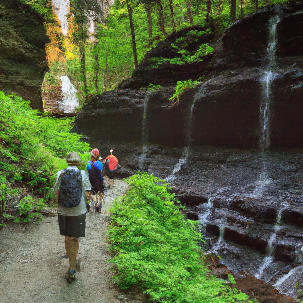 Hikers making their way to the Eternal Flame Falls on a scenic trail.