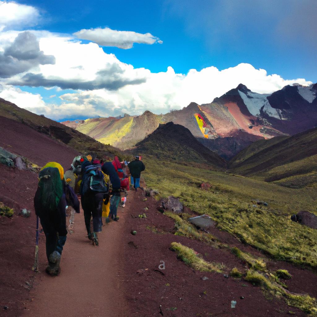 Hikers making their way through the Andes to reach Vinicunca