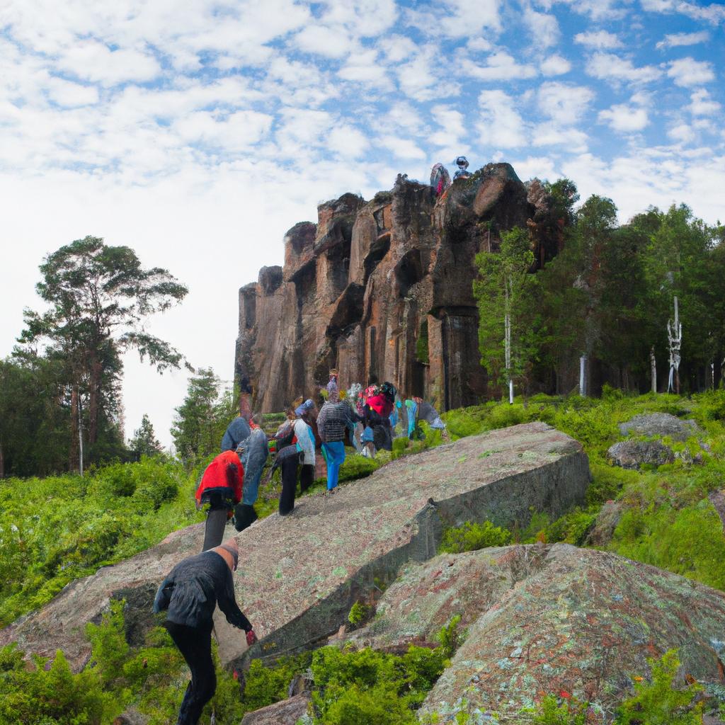 Adventurous tourists hiking on the hexagonal rocks in Ireland, taking in the stunning views