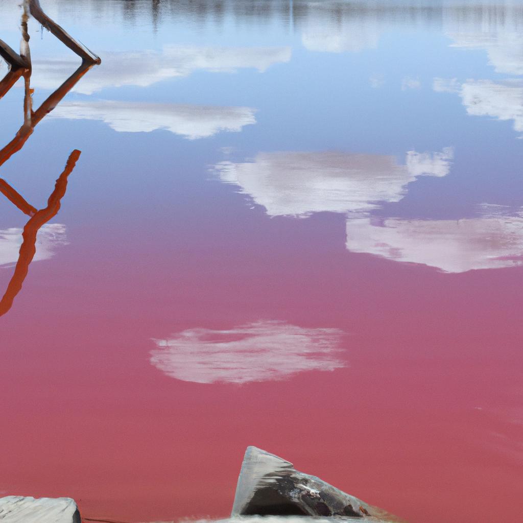 The vivid pink color of Hillier Lake's water is even more striking when reflected by the clear blue sky above.