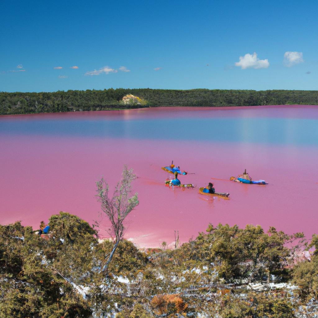 Tourists can enjoy the unique experience of kayaking in the pink waters of Hillier Lake.