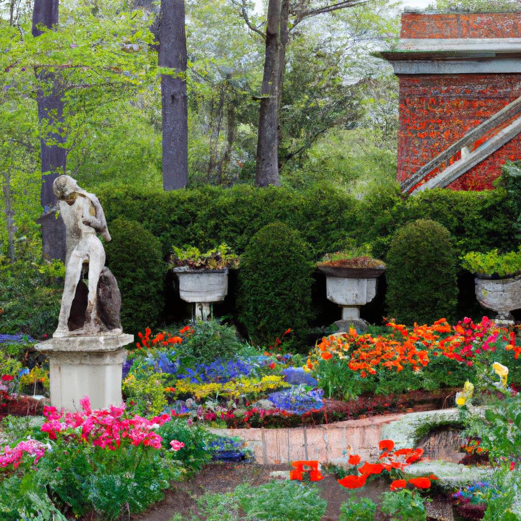 A historic garden with ornate sculptures and colorful blooms is a living testament to garden history.