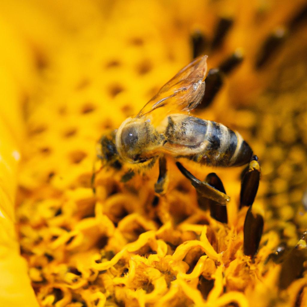 A honeybee enjoying the nectar of a sunflower in a garden