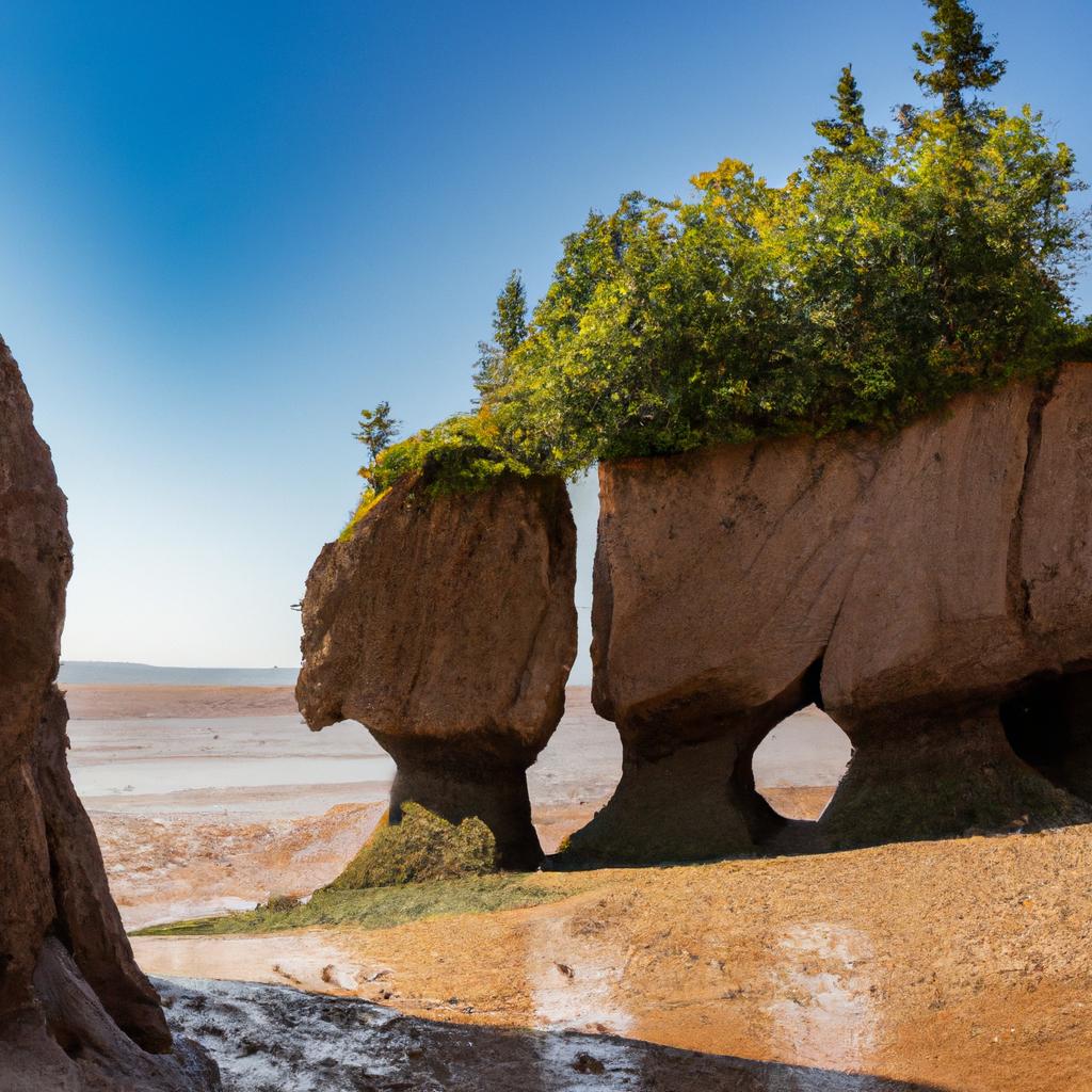 The Hopewell Rocks in New Brunswick, Canada are a popular tourist attraction known for their distinct rock formations.