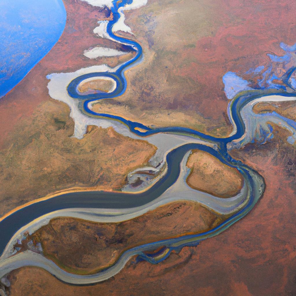 A stunning aerial view of a hot water river delta flowing into the sea