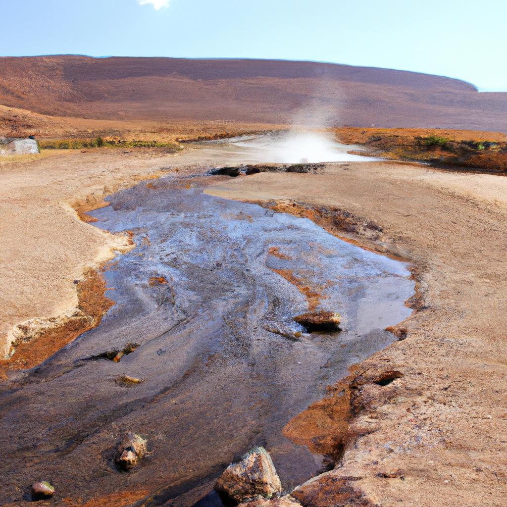 An oasis in the desert - a hot water river surrounded by barren land