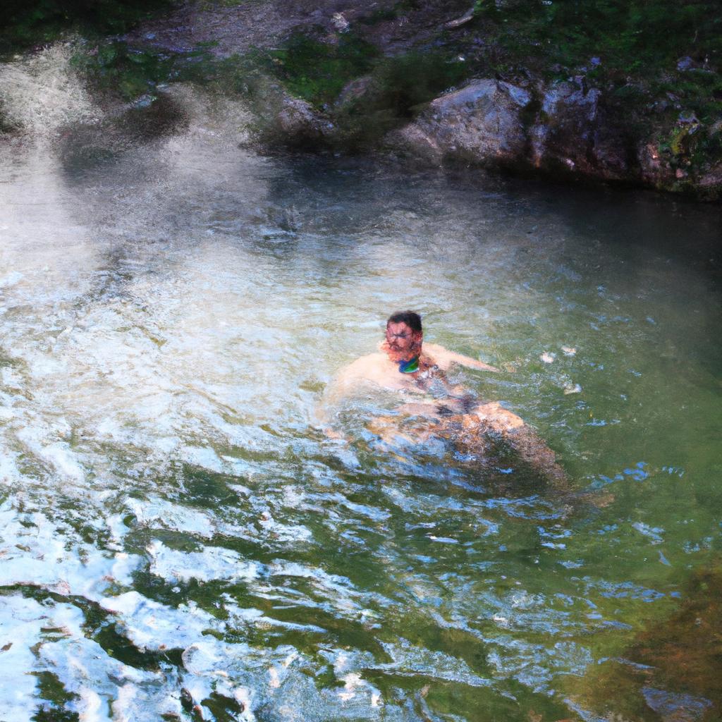 A tourist soaking in a natural hot water river bath for relaxation and rejuvenation
