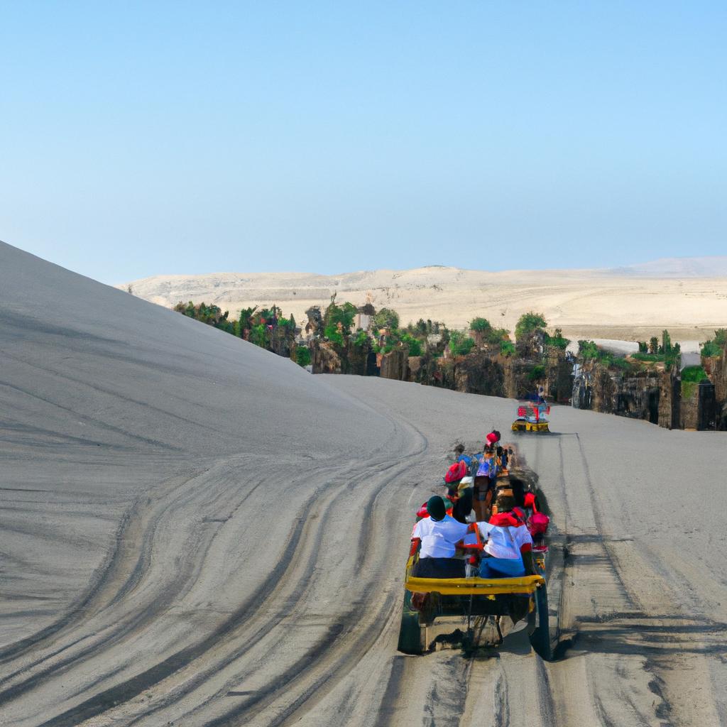 Adventurous tourists enjoy a sand buggy ride in Huacachina Oasis
