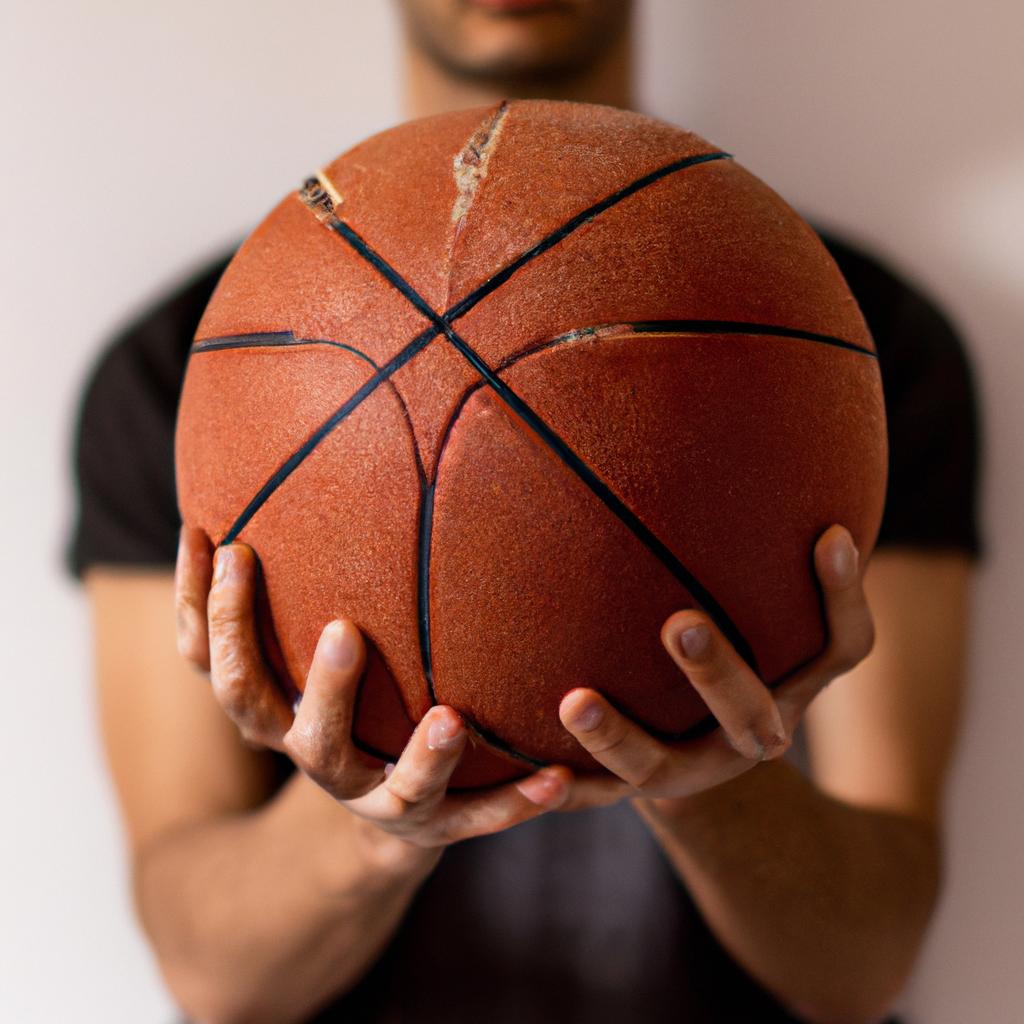 A person with abnormally large hands grasps a basketball with ease, dwarfing the ball in comparison