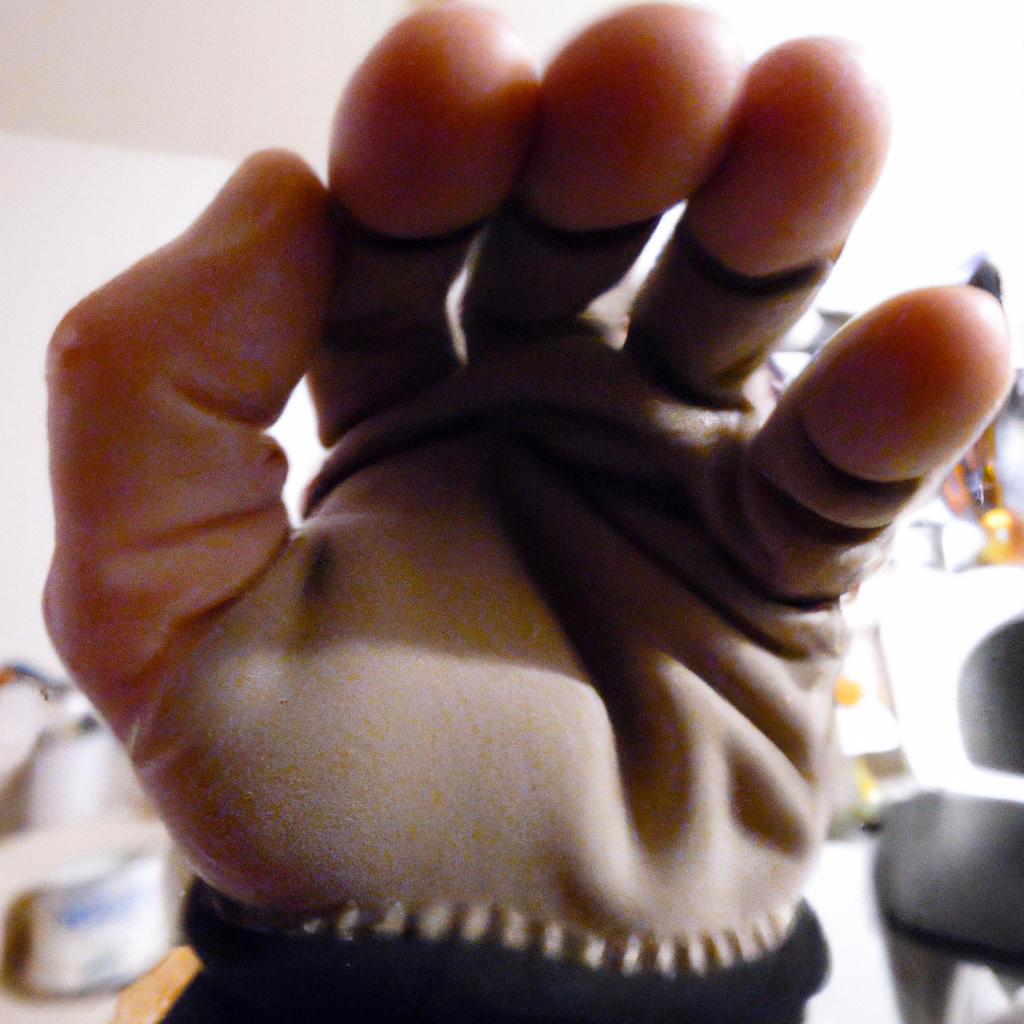 A person with enormous hands struggles to squeeze their fingers into a child's sized glove