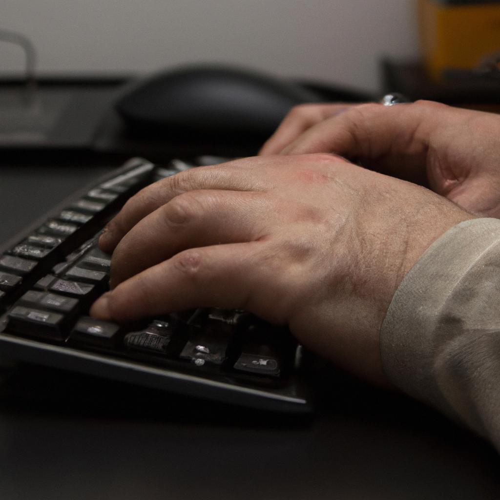 A person with oversized hands struggles to type on a miniature keyboard, their fingers covering multiple keys at once