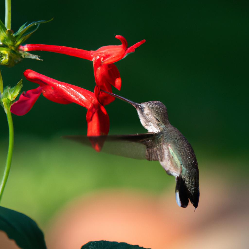 A hummingbird feeds on nectar from a red flower in a pollinator garden.