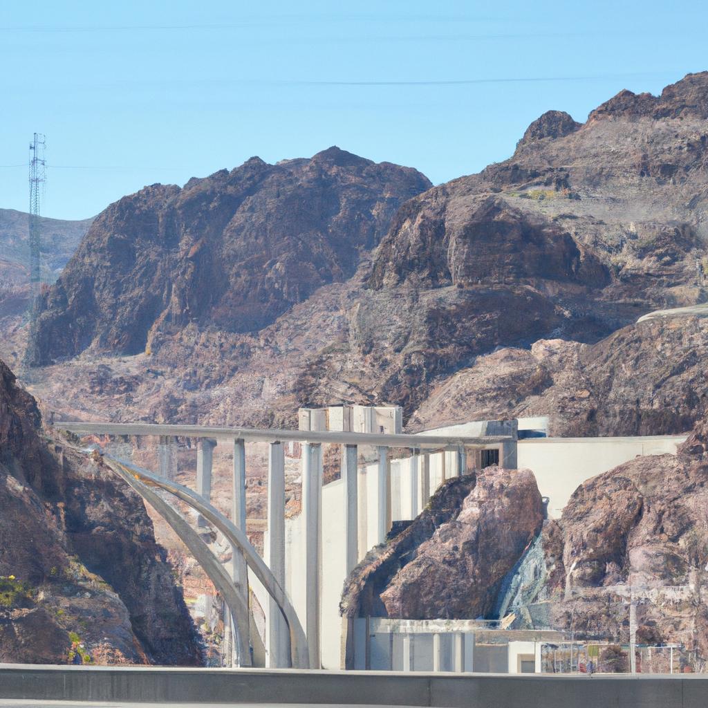 The impressive Hoover Dam comes into view while driving on I-95 in Nevada