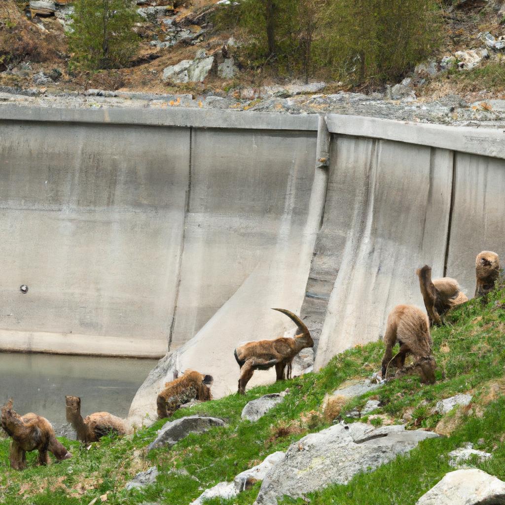 A herd of ibexes grazing near the dam in Italy.