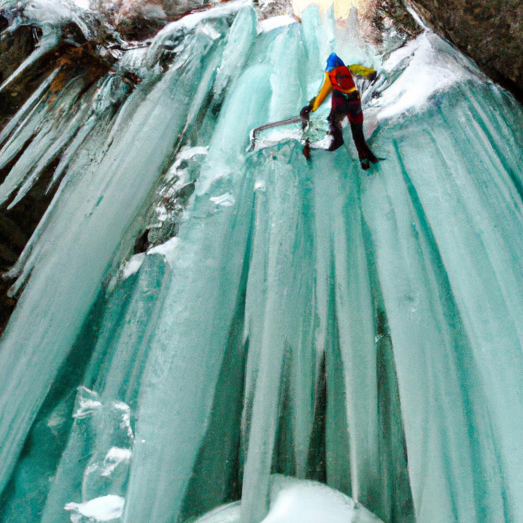 An adventurous ice climber conquering a massive ice stalactite in a frozen canyon