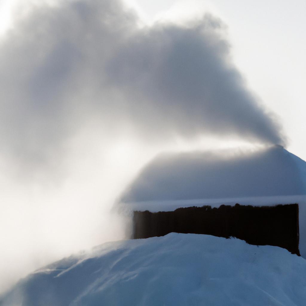 An ice house with a chimney and smoke coming out of it