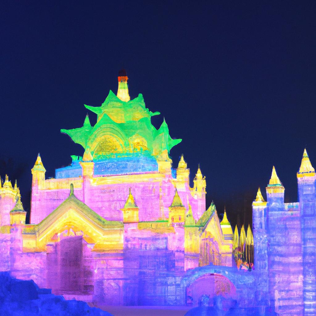 An ice palace at the Harbin International Ice and Snow Sculpture Festival in China