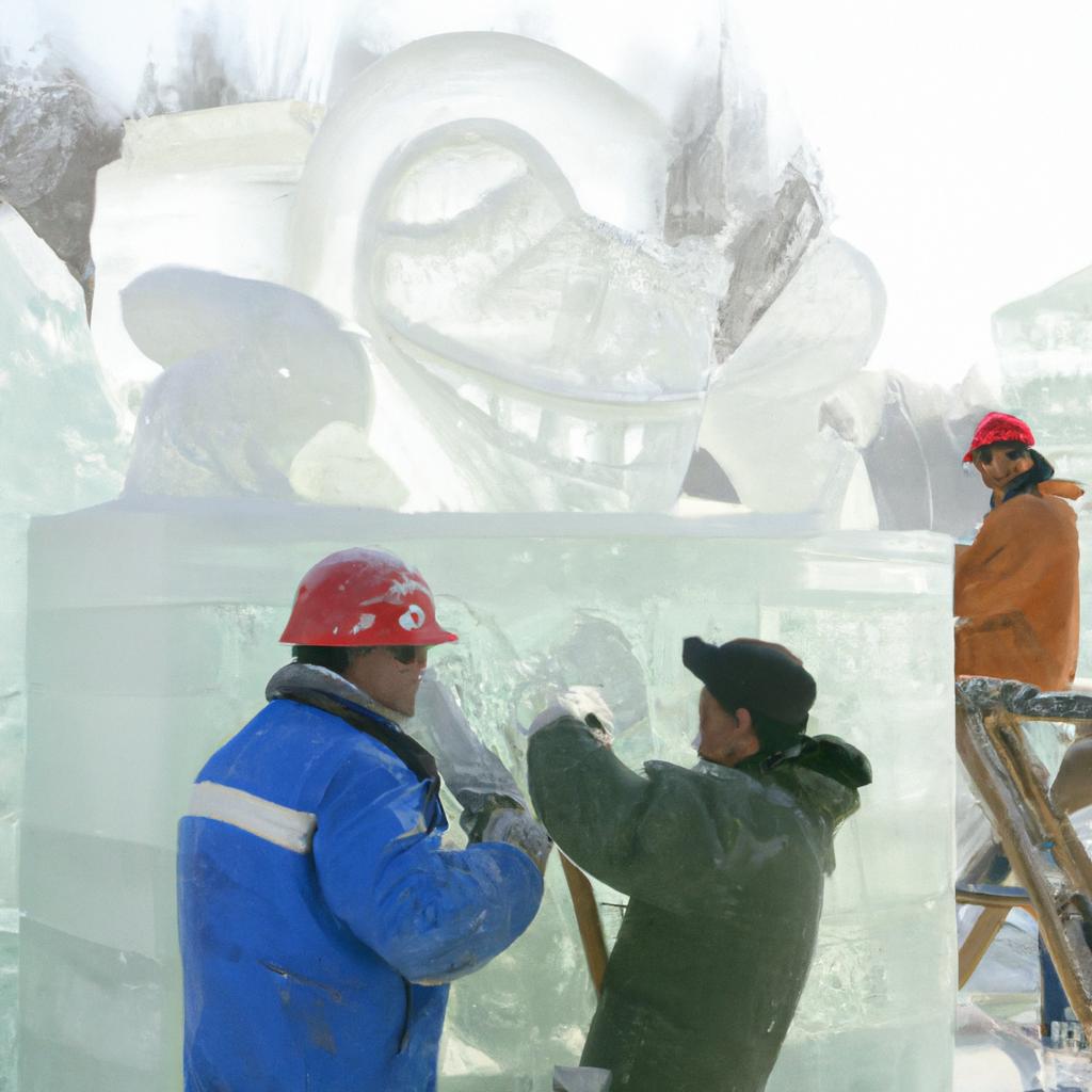 Ice sculptors competing in a Chinese competition