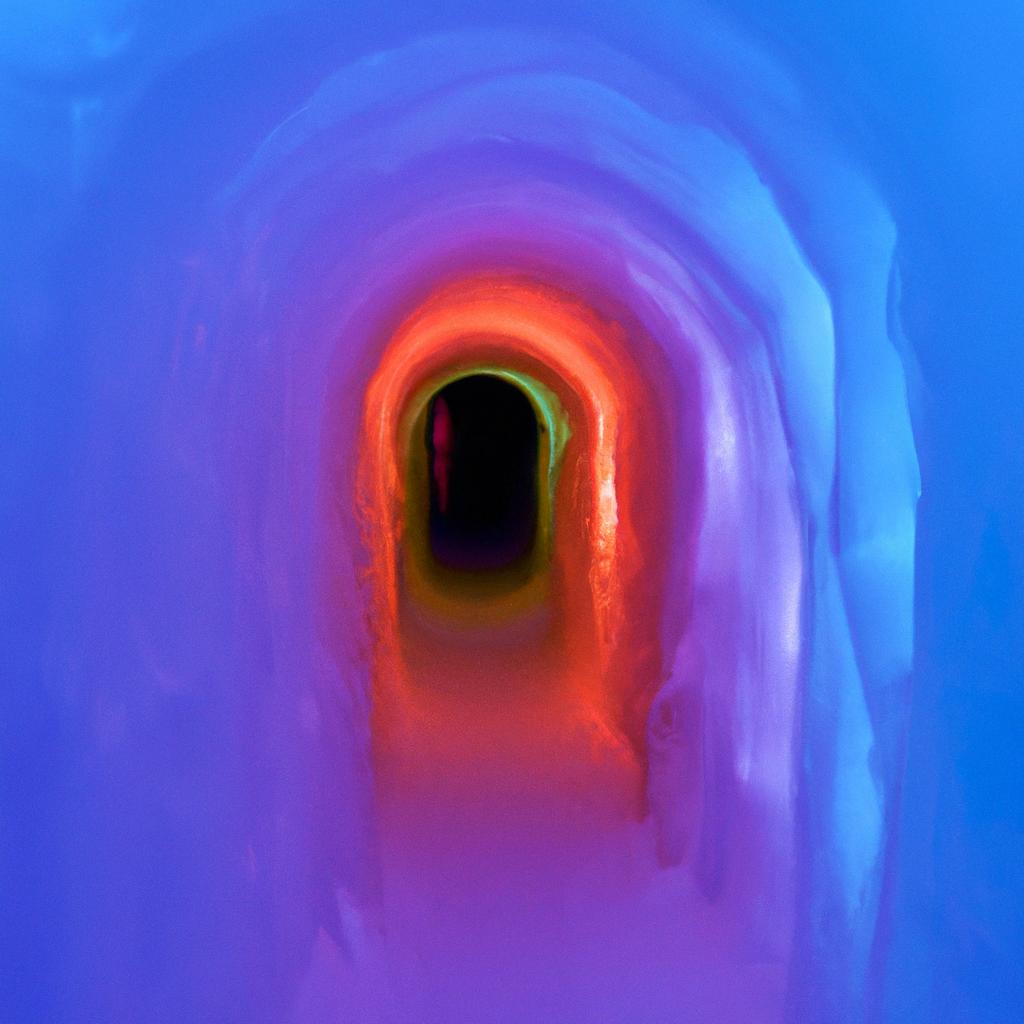 Visitors can walk through this stunning ice tunnel at night and be mesmerized by the colorful lights.