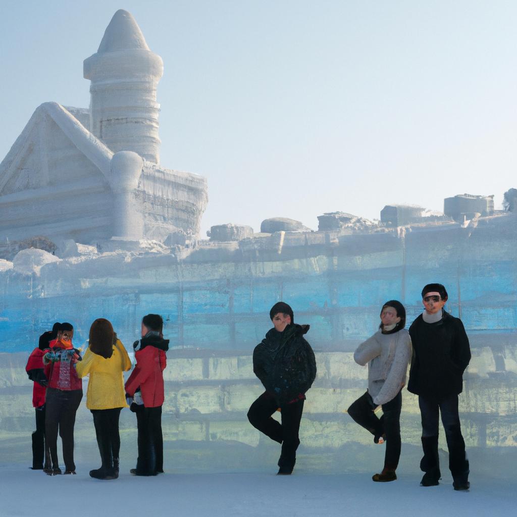 Tourists exploring the ice sculptures in Ice Village China