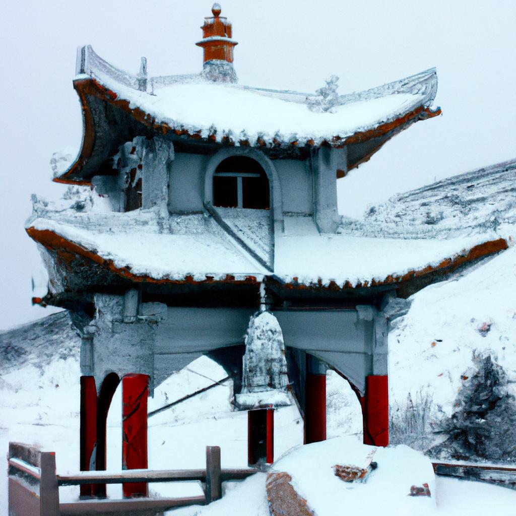 Traditional Chinese temple covered in snow in Ice Village China