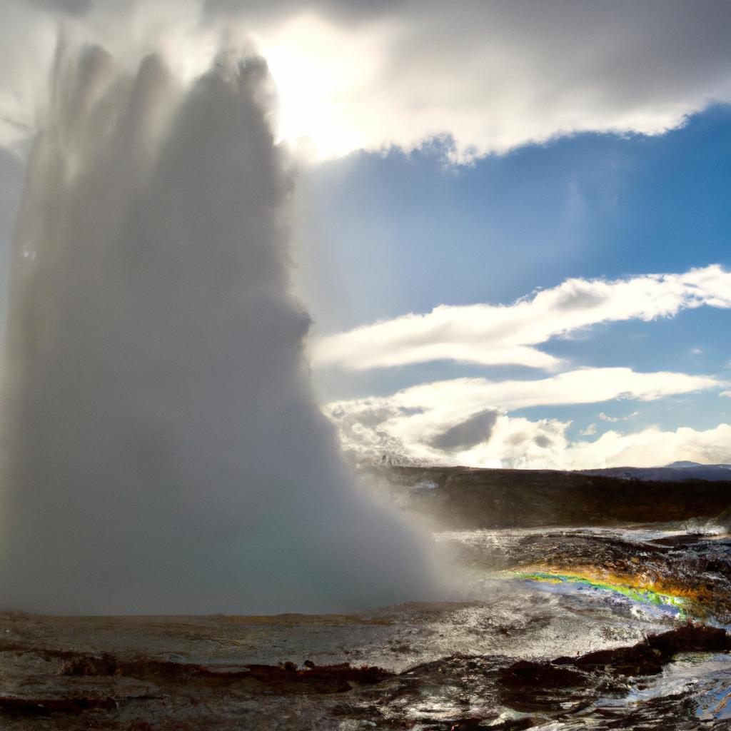 Experience the beauty of Iceland's geysers in all its glory, with a rainbow as the cherry on top.
