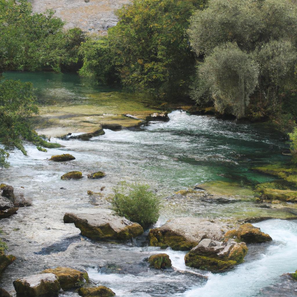 River Cetina cascading over a rocky ledge in an idyllic setting.