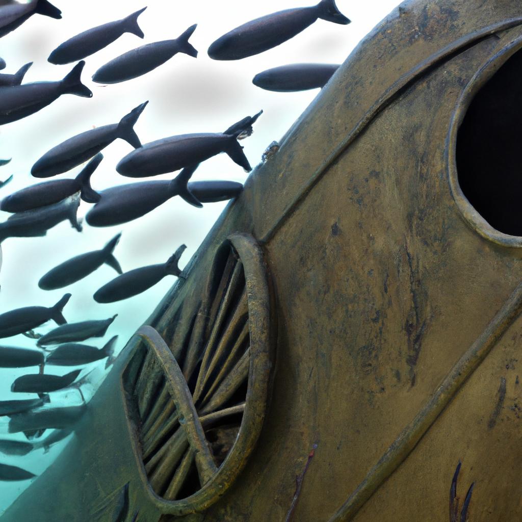 A mesmerizing underwater installation with a school of fish circling a submarine sculpture