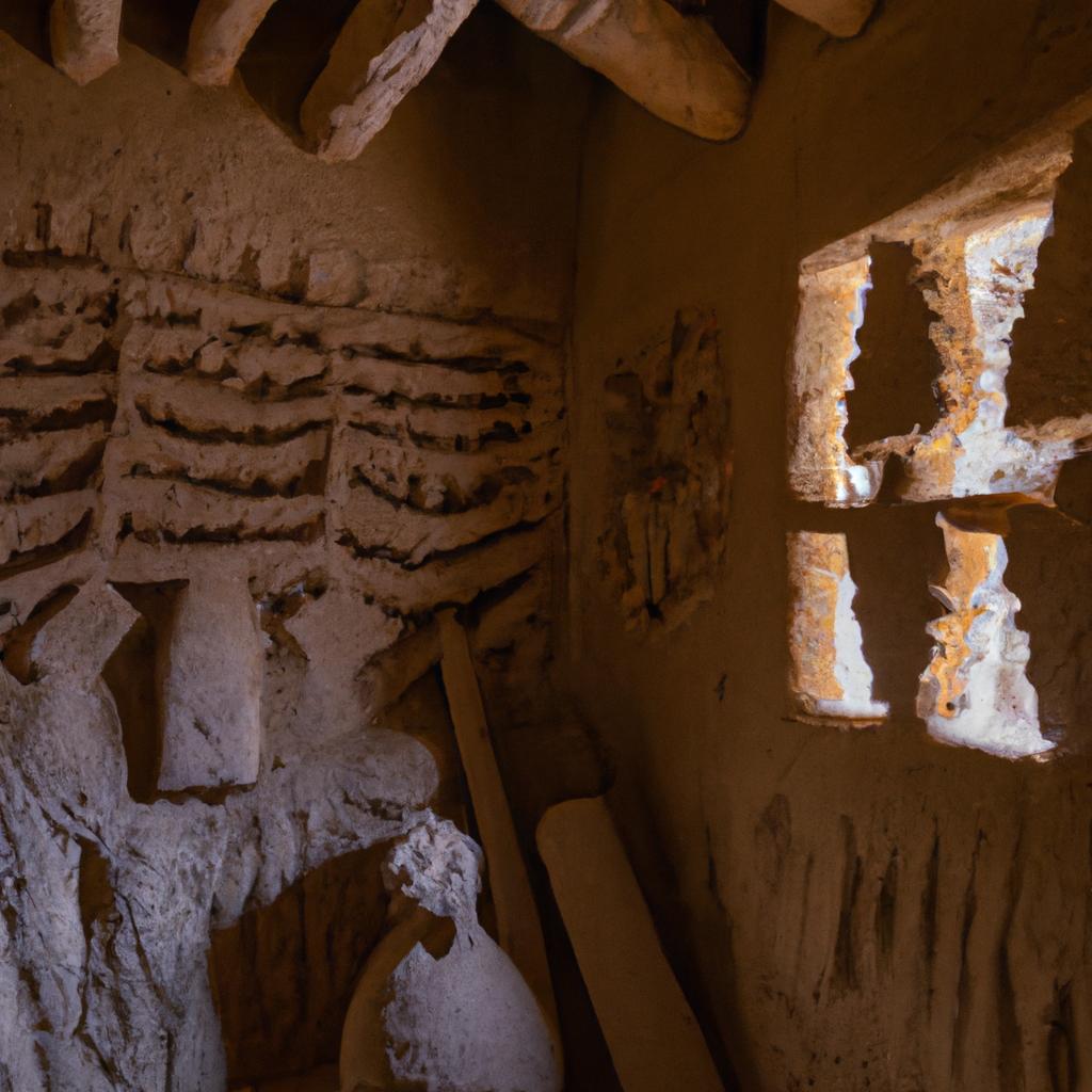 The interior of a mud house with intricate mud carvings on the walls