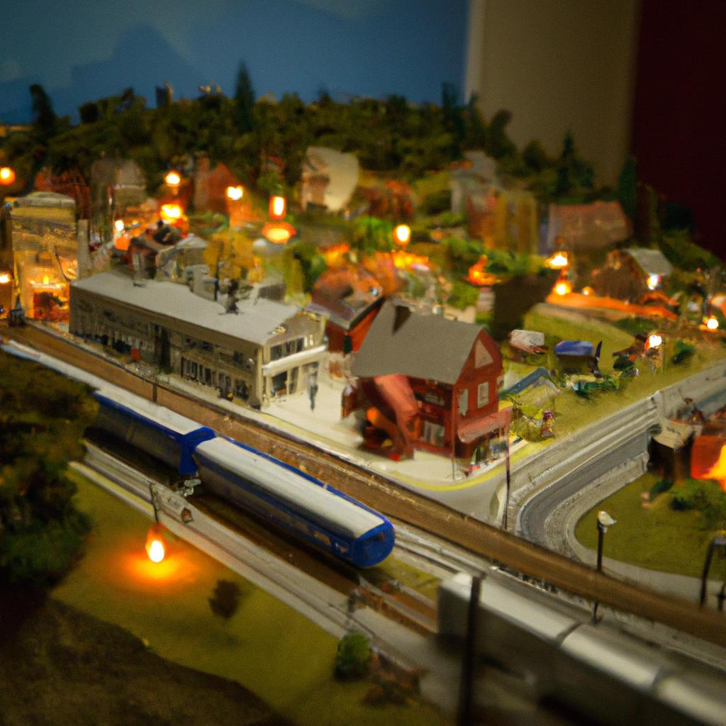 A model train station with intricate details and moving parts.