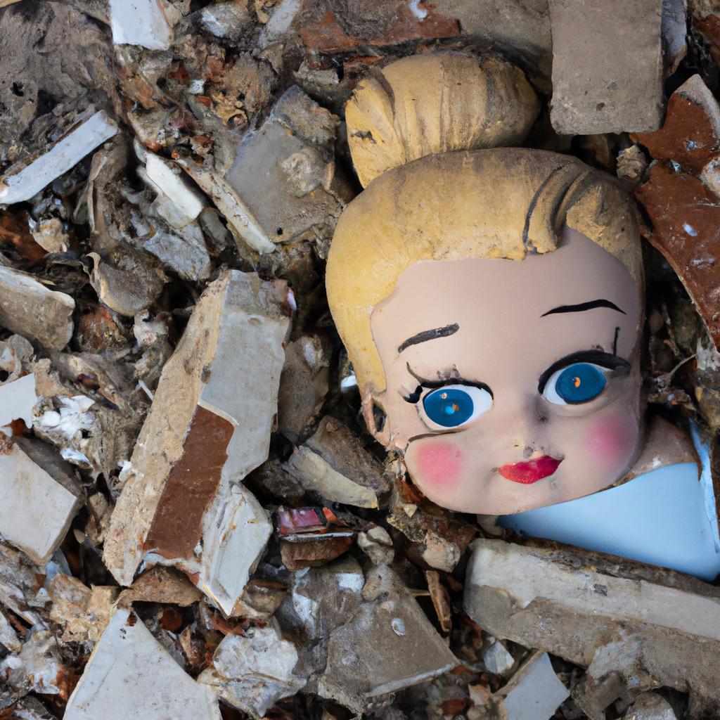 This doll on the Island of the Dead Dolls has a cracked face, lying in a pile of rubble that adds to the eerie atmosphere