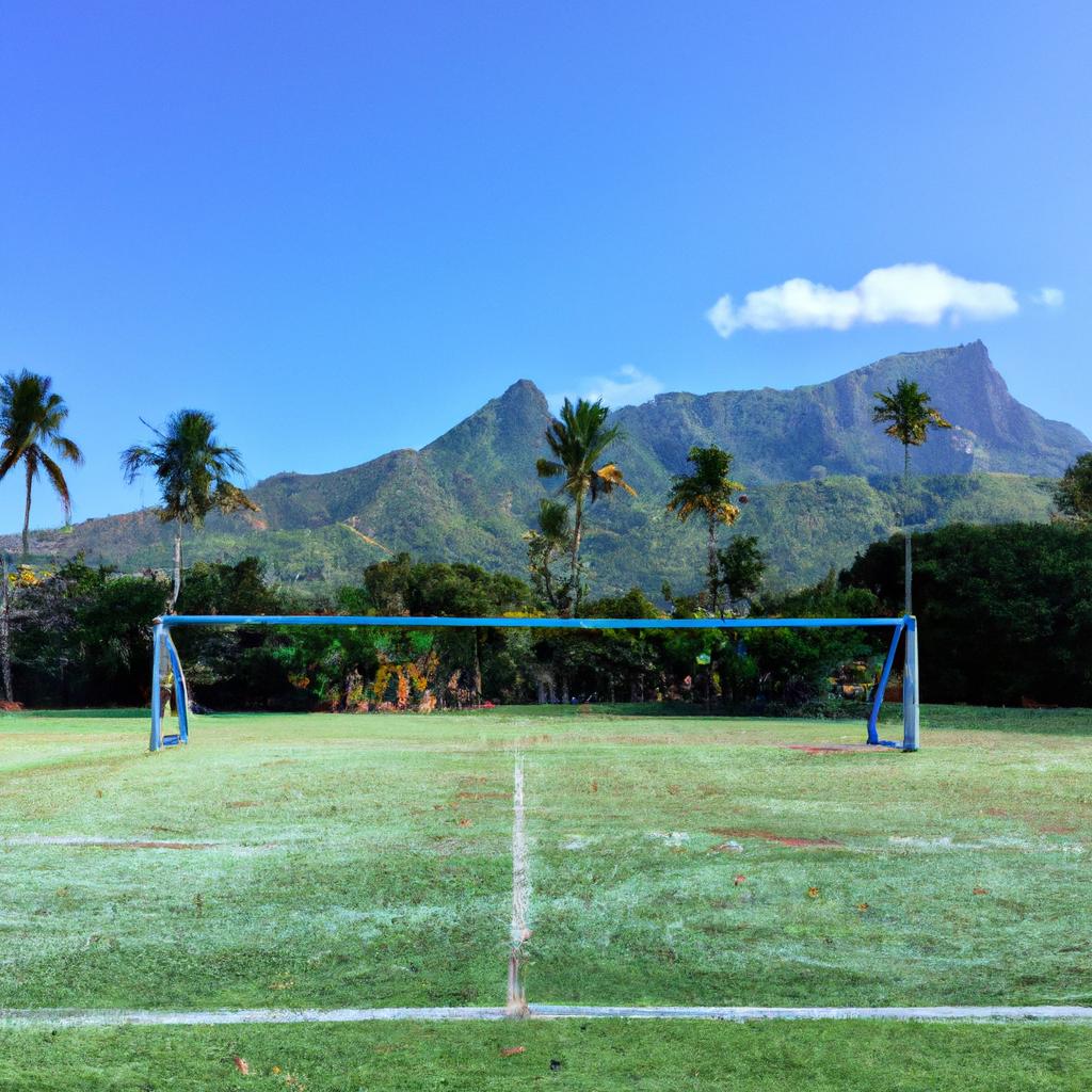 The island soccer field is surrounded by lush palm trees and majestic mountains, creating a perfect backdrop for the game